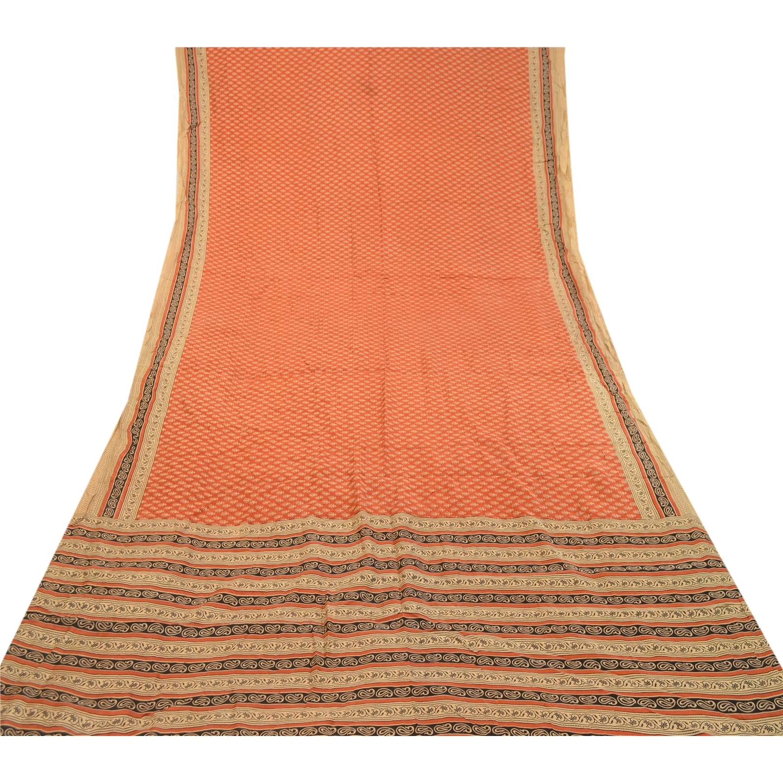 Sanskriti Vintage Orange Indian Sarees Pure Silk Printed Soft Sari Craft Fabric, PR-59248-Orange-Printed Floral Design-Pure Silk-7