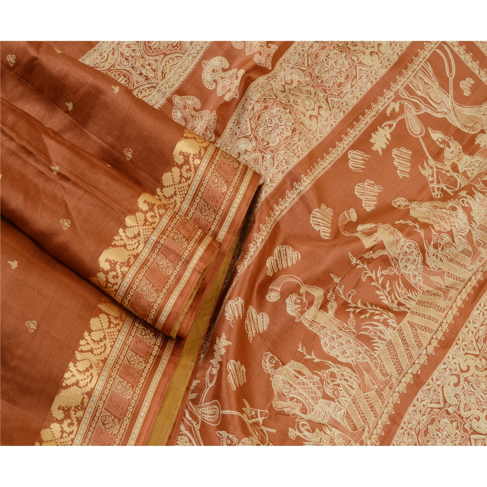 Sanskriti Vintage Brown Human Printed Sarees Pure Silk Soft Sari Craft Fabric, PR-59253-Brown-Printed Floral Design-Pure Silk-1