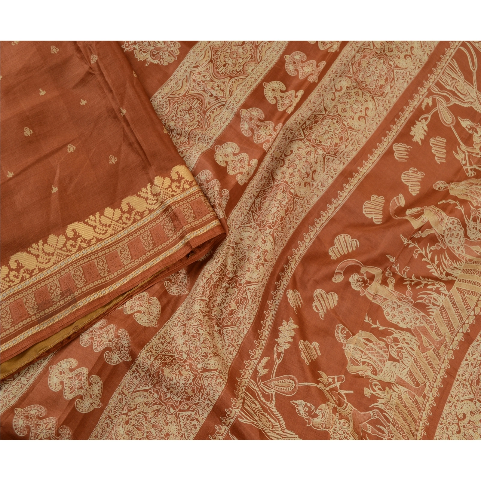 Sanskriti Vintage Brown Human Printed Sarees Pure Silk Soft Sari Craft Fabric, PR-59253-Brown-Printed Floral Design-Pure Silk-2