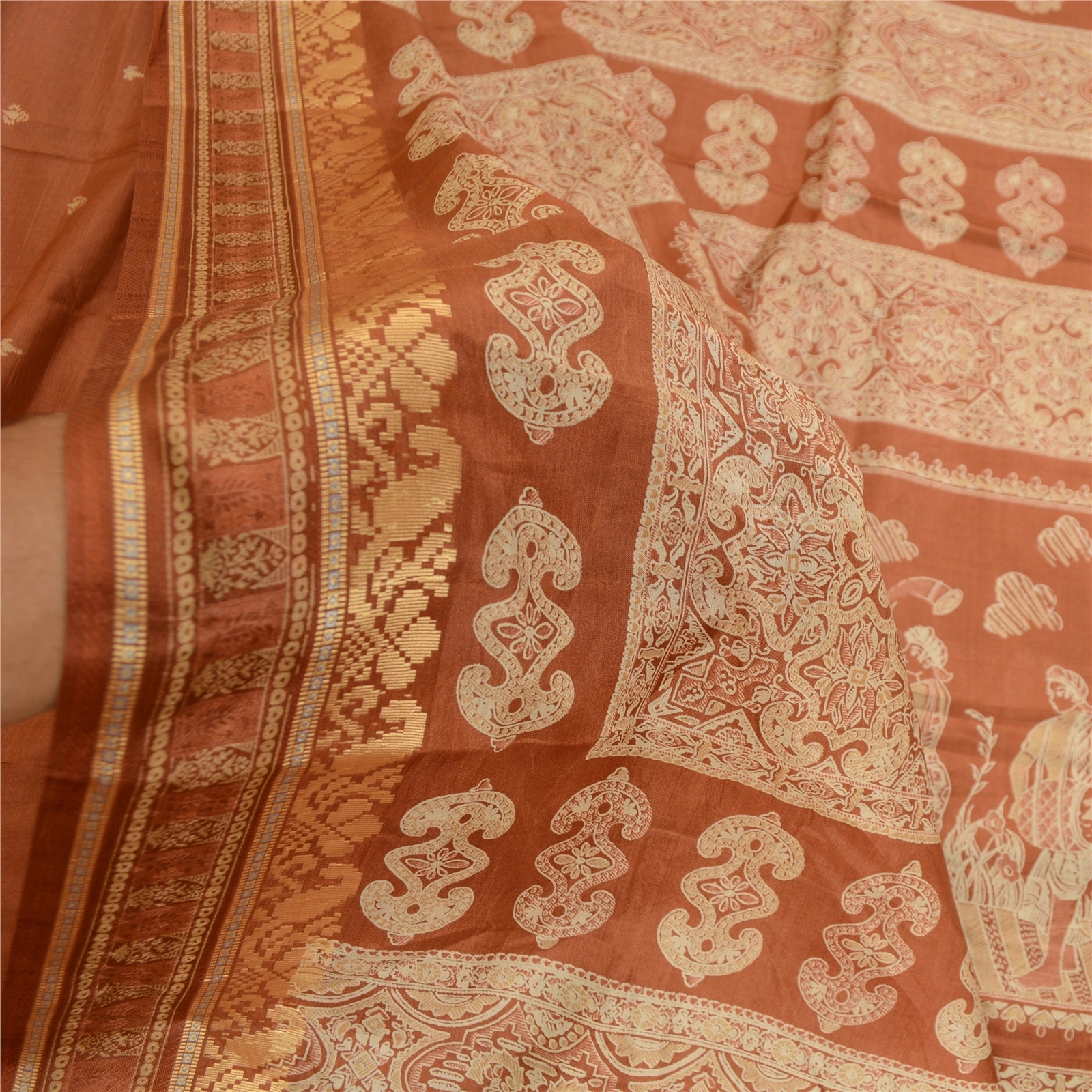 Sanskriti Vintage Brown Human Printed Sarees Pure Silk Soft Sari Craft Fabric, PR-59253-Brown-Printed Floral Design-Pure Silk-3