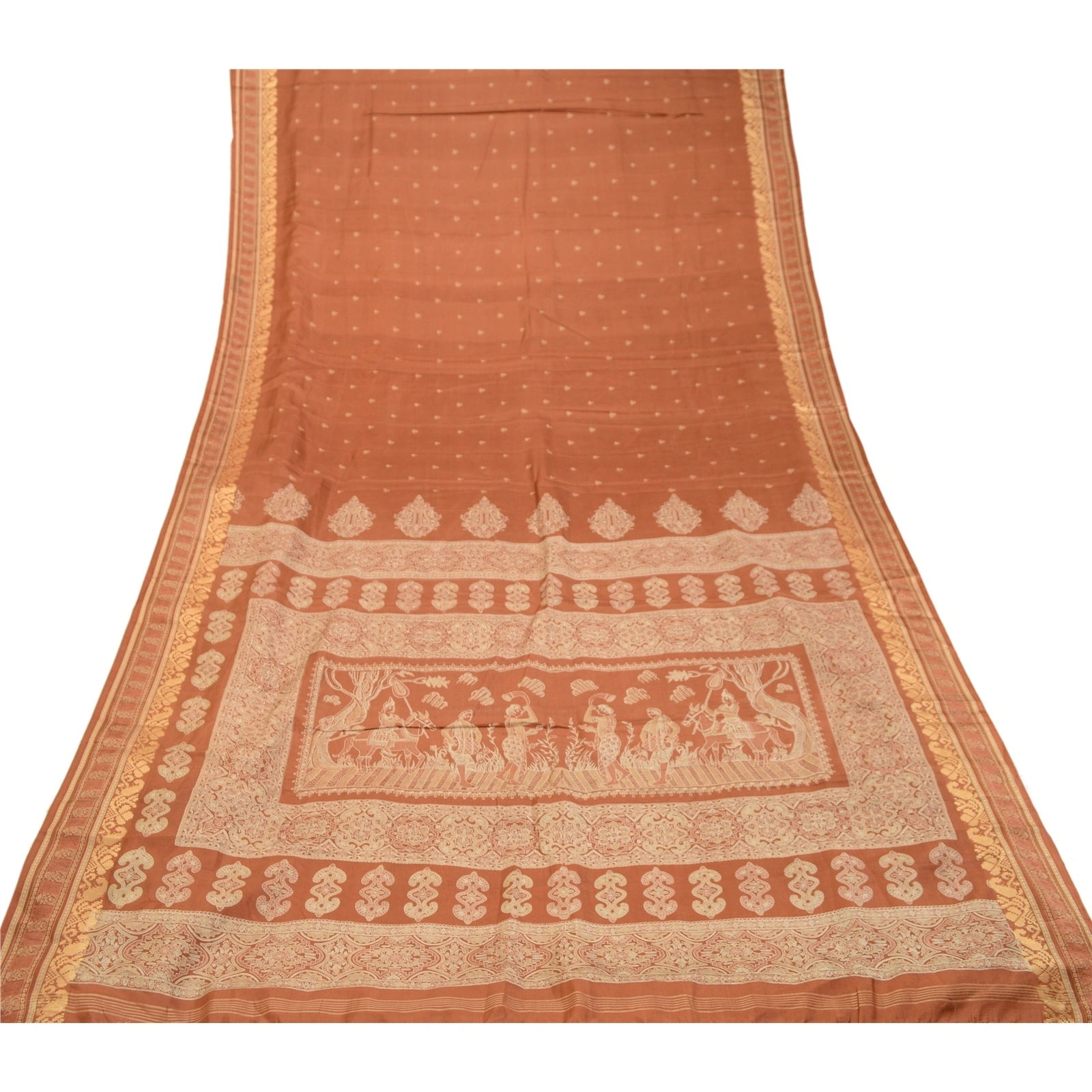 Sanskriti Vintage Brown Human Printed Sarees Pure Silk Soft Sari Craft Fabric, PR-59253-Brown-Printed Floral Design-Pure Silk-7