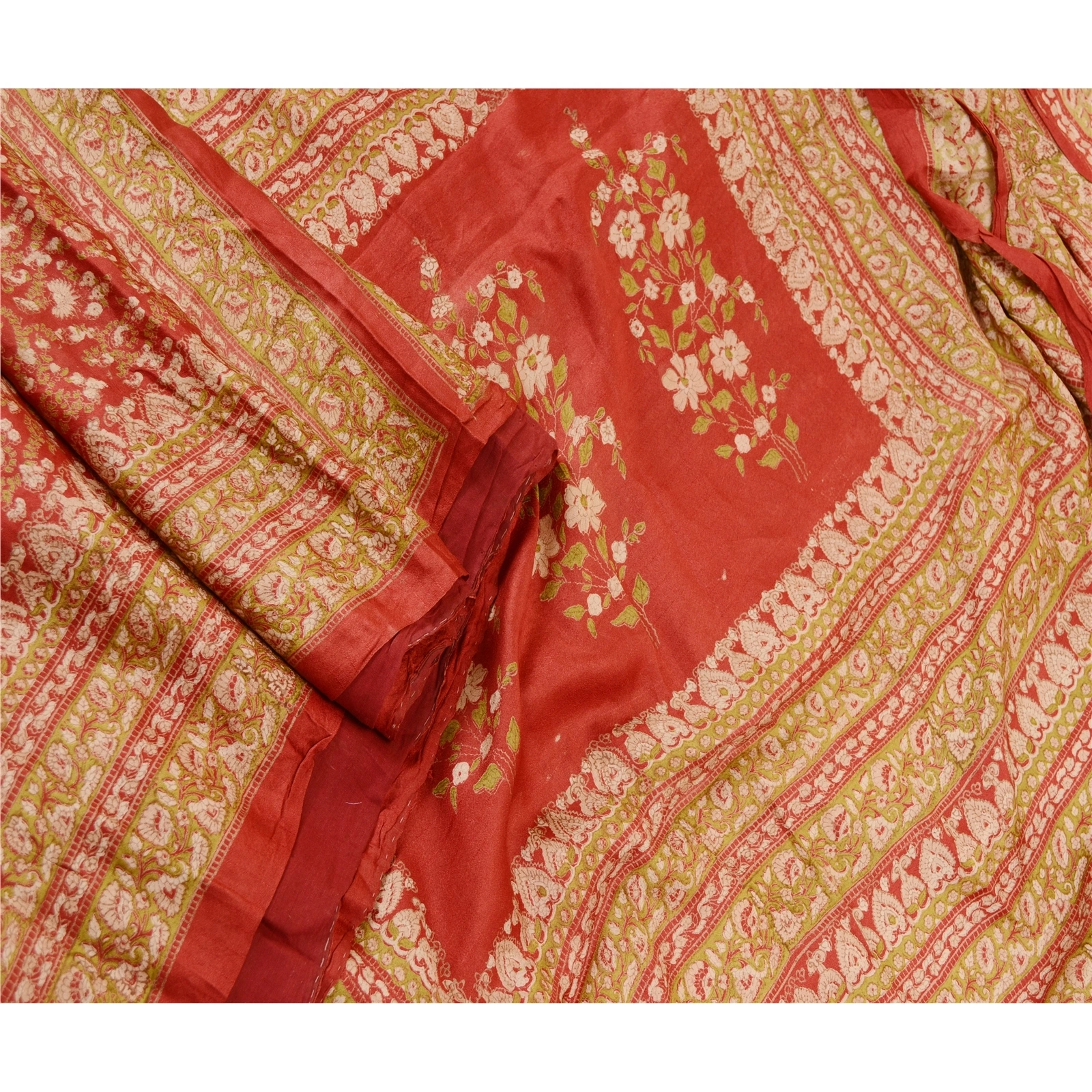 Sanskriti Vintage Red Printed Sarees Pure Silk Soft Sari Floral 5Yd Craft Fabric, PR-59260-Red-Printed Floral Design-Pure Silk-1