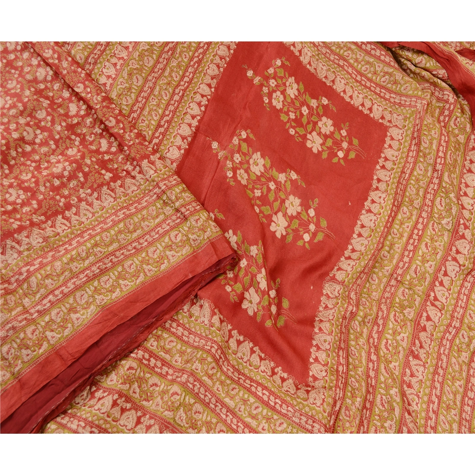 Sanskriti Vintage Red Printed Sarees Pure Silk Soft Sari Floral 5Yd Craft Fabric, PR-59260-Red-Printed Floral Design-Pure Silk-2