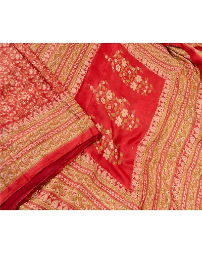 Sanskriti Vintage Red Printed Sarees Pure Silk Soft Sari Floral 5Yd Craft Fabric, PR-59260-Red-Printed Floral Design-Pure Silk-2