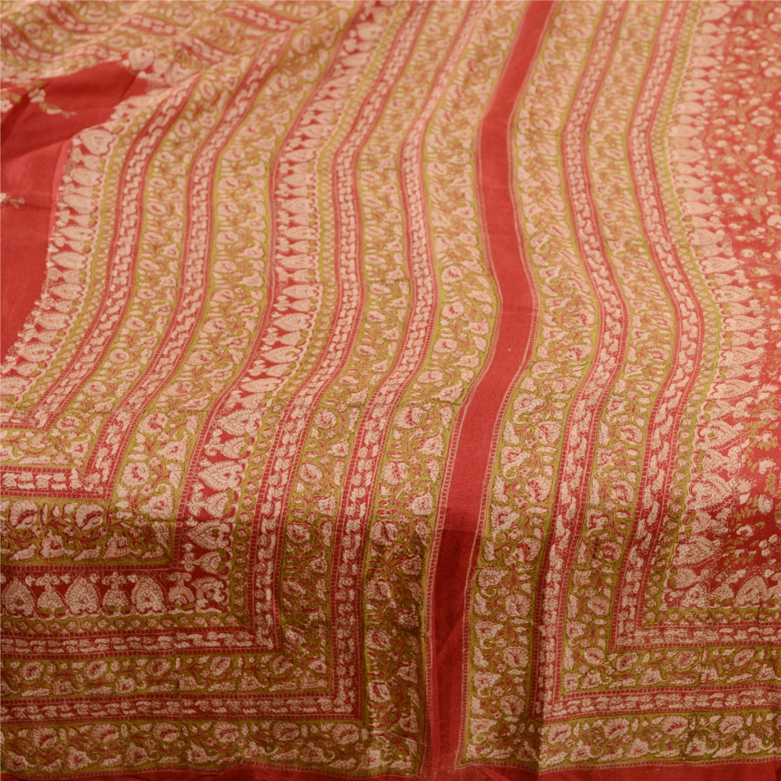 Sanskriti Vintage Red Printed Sarees Pure Silk Soft Sari Floral 5Yd Craft Fabric, PR-59260-Red-Printed Floral Design-Pure Silk-3