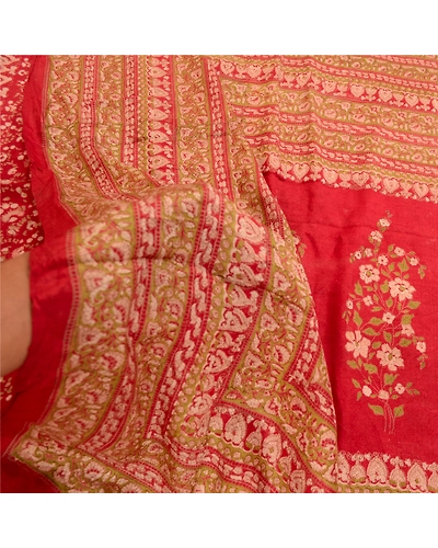 Sanskriti Vintage Red Printed Sarees Pure Silk Soft Sari Floral 5Yd Craft Fabric, PR-59260-Red-Printed Floral Design-Pure Silk-5