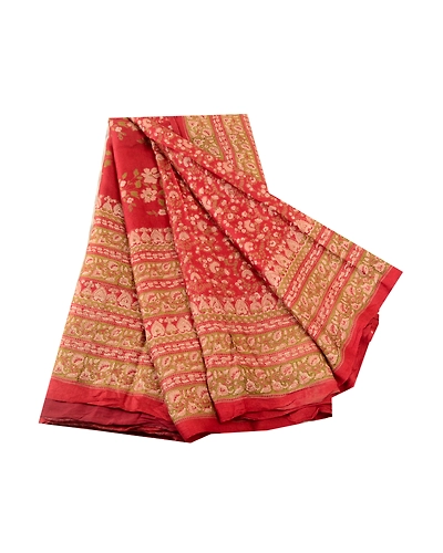 Sanskriti Vintage Red Printed Sarees Pure Silk Soft Sari Floral 5Yd Craft Fabric, PR-59260-Red-Printed Floral Design-Pure Silk-6