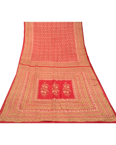 Sanskriti Vintage Red Printed Sarees Pure Silk Soft Sari Floral 5Yd Craft Fabric, PR-59260-Red-Printed Floral Design-Pure Silk-7