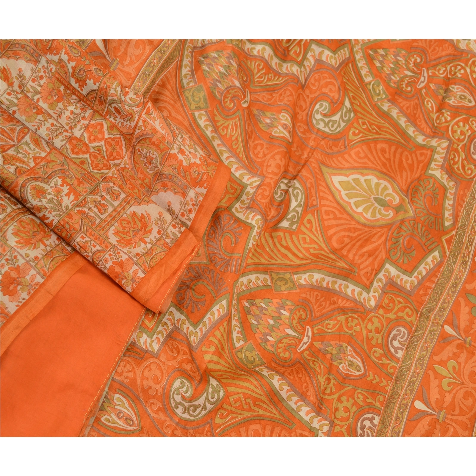 Sanskriti Vintage Orange Printed Sarees Pure Silk Soft Sari Floral Craft Fabric, PR-59261-Orange-Printed Floral Design-Pure Silk-1