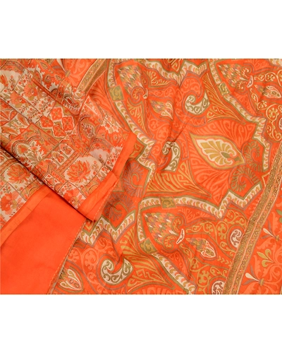 Sanskriti Vintage Orange Printed Sarees Pure Silk Soft Sari Floral Craft Fabric, PR-59261-Orange-Printed Floral Design-Pure Silk-1