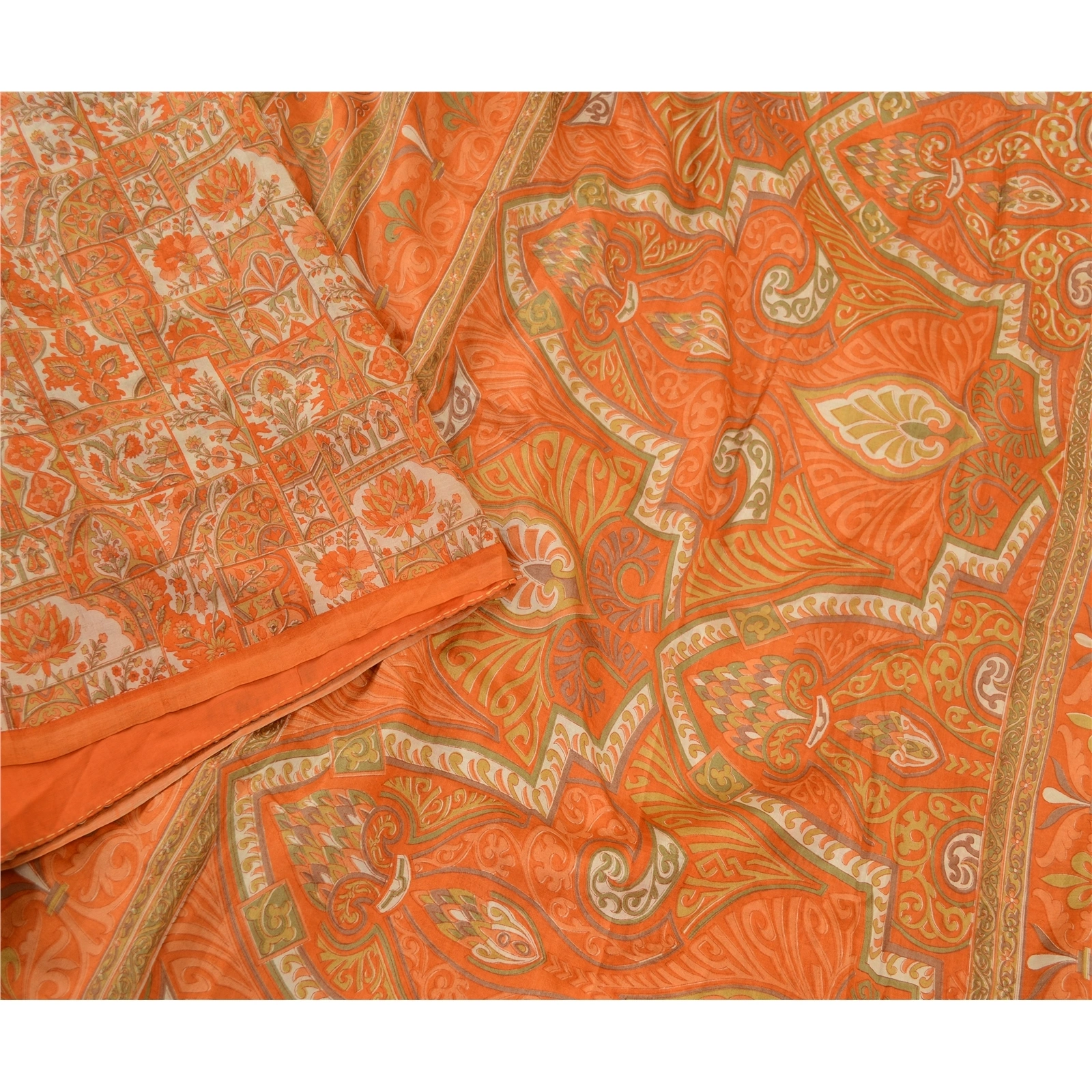 Sanskriti Vintage Orange Printed Sarees Pure Silk Soft Sari Floral Craft Fabric, PR-59261-Orange-Printed Floral Design-Pure Silk-2