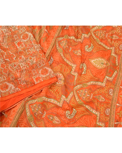 Sanskriti Vintage Orange Printed Sarees Pure Silk Soft Sari Floral Craft Fabric, PR-59261-Orange-Printed Floral Design-Pure Silk-2