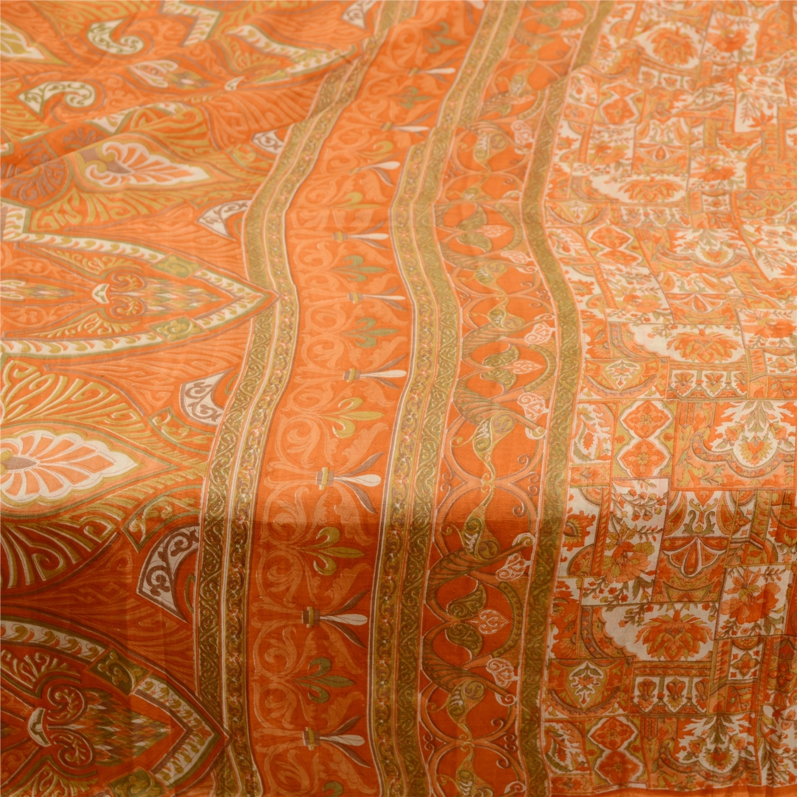 Sanskriti Vintage Orange Printed Sarees Pure Silk Soft Sari Floral Craft Fabric, PR-59261-Orange-Printed Floral Design-Pure Silk-3