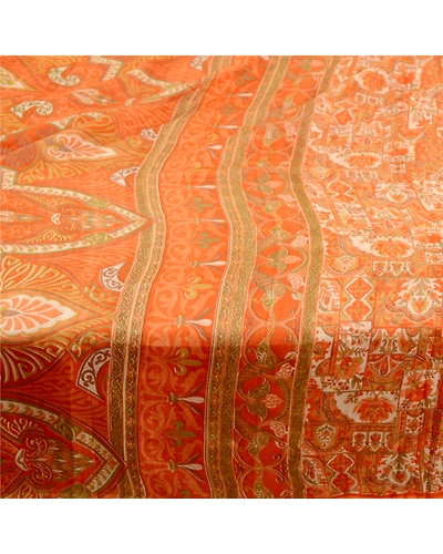 Sanskriti Vintage Orange Printed Sarees Pure Silk Soft Sari Floral Craft Fabric, PR-59261-Orange-Printed Floral Design-Pure Silk-3