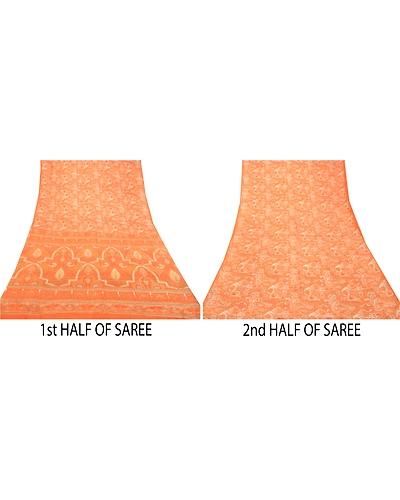 Sanskriti Vintage Orange Printed Sarees Pure Silk Soft Sari Floral Craft Fabric, PR-59261-Orange-Printed Floral Design-Pure Silk-4