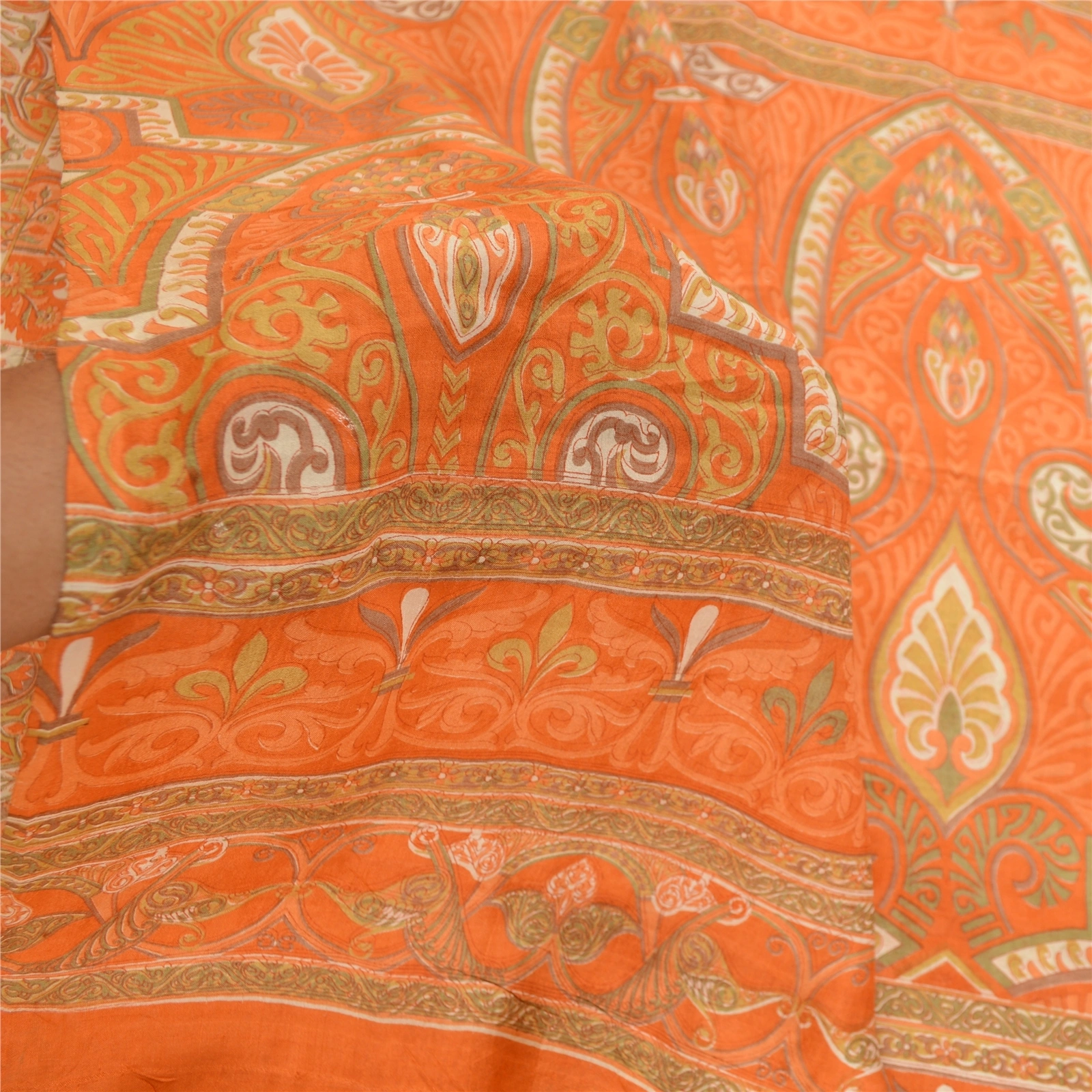 Sanskriti Vintage Orange Printed Sarees Pure Silk Soft Sari Floral Craft Fabric, PR-59261-Orange-Printed Floral Design-Pure Silk-5