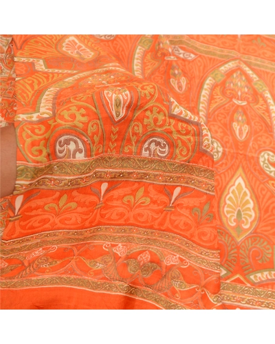 Sanskriti Vintage Orange Printed Sarees Pure Silk Soft Sari Floral Craft Fabric, PR-59261-Orange-Printed Floral Design-Pure Silk-5