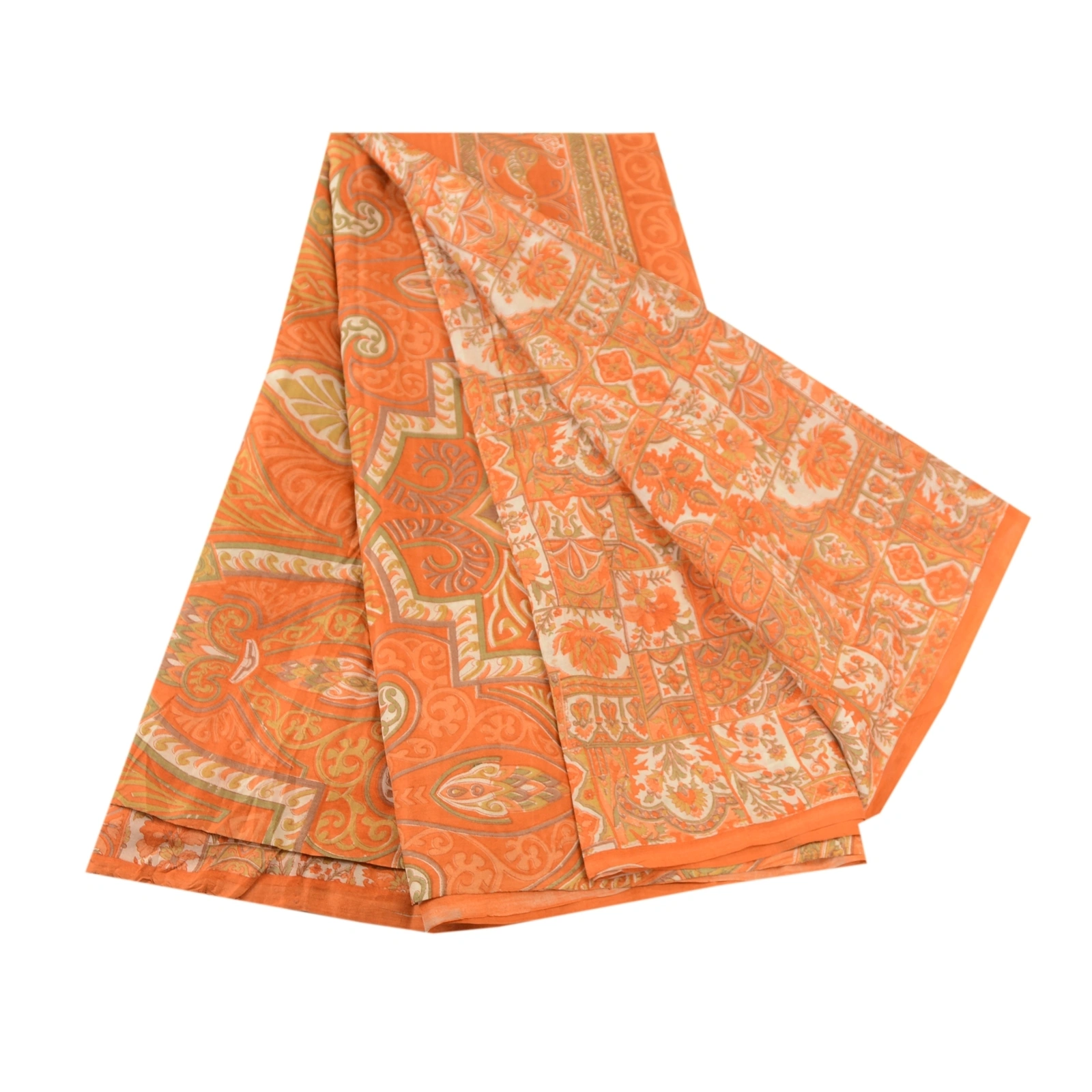 Sanskriti Vintage Orange Printed Sarees Pure Silk Soft Sari Floral Craft Fabric, PR-59261-Orange-Printed Floral Design-Pure Silk-6