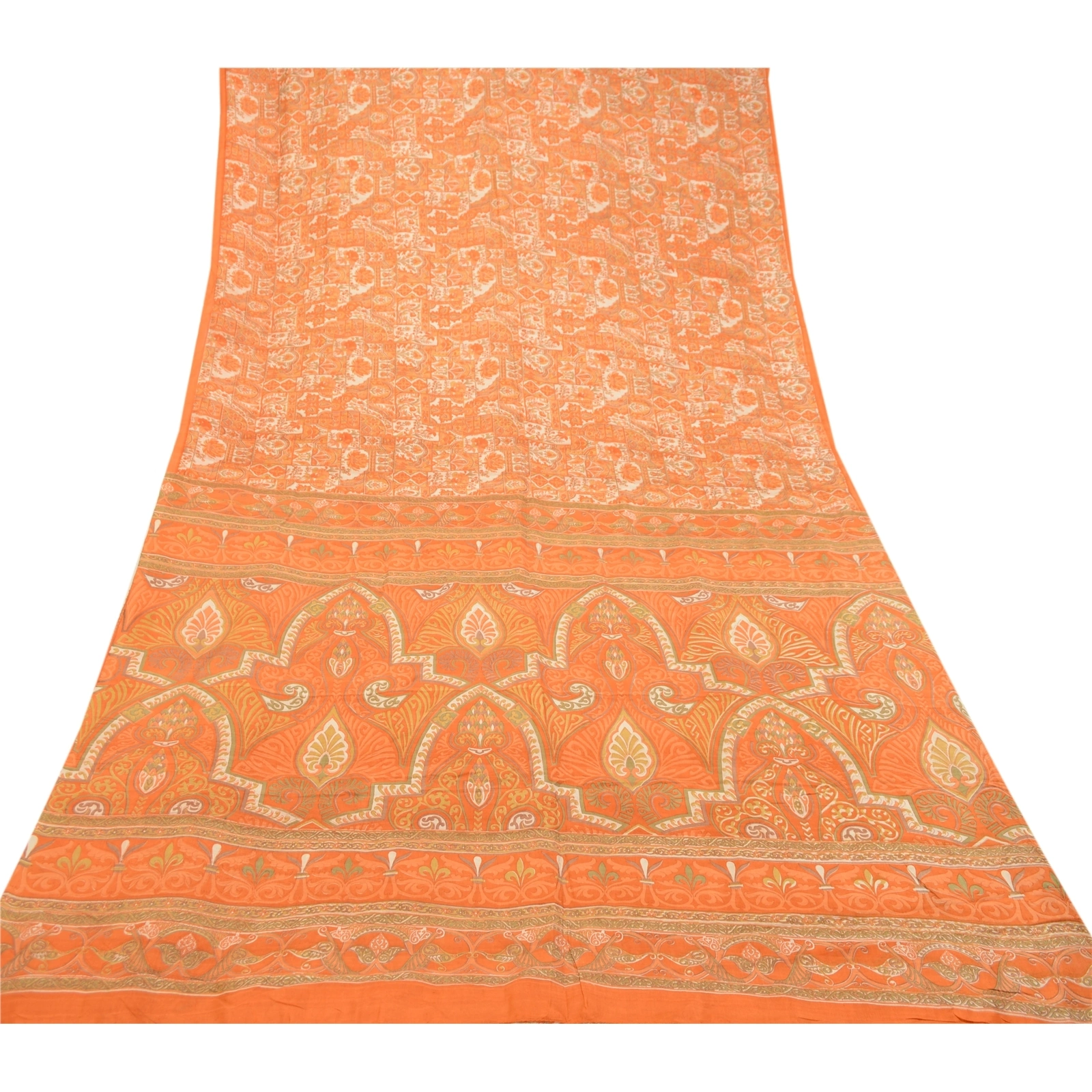 Sanskriti Vintage Orange Printed Sarees Pure Silk Soft Sari Floral Craft Fabric, PR-59261-Orange-Printed Floral Design-Pure Silk-7