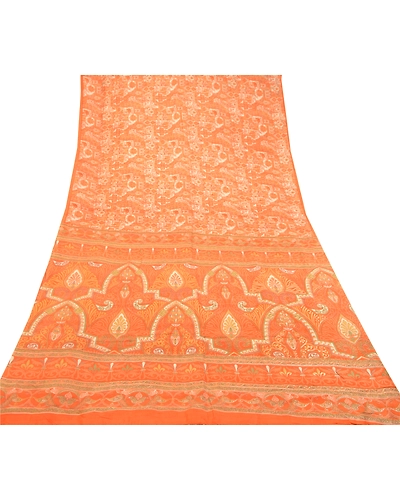 Sanskriti Vintage Orange Printed Sarees Pure Silk Soft Sari Floral Craft Fabric, PR-59261-Orange-Printed Floral Design-Pure Silk-7