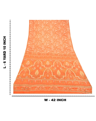 Sanskriti Vintage Orange Printed Sarees Pure Silk Soft Sari Floral Craft Fabric, PR-59261-Orange-Printed Floral Design-Pure Silk-8
