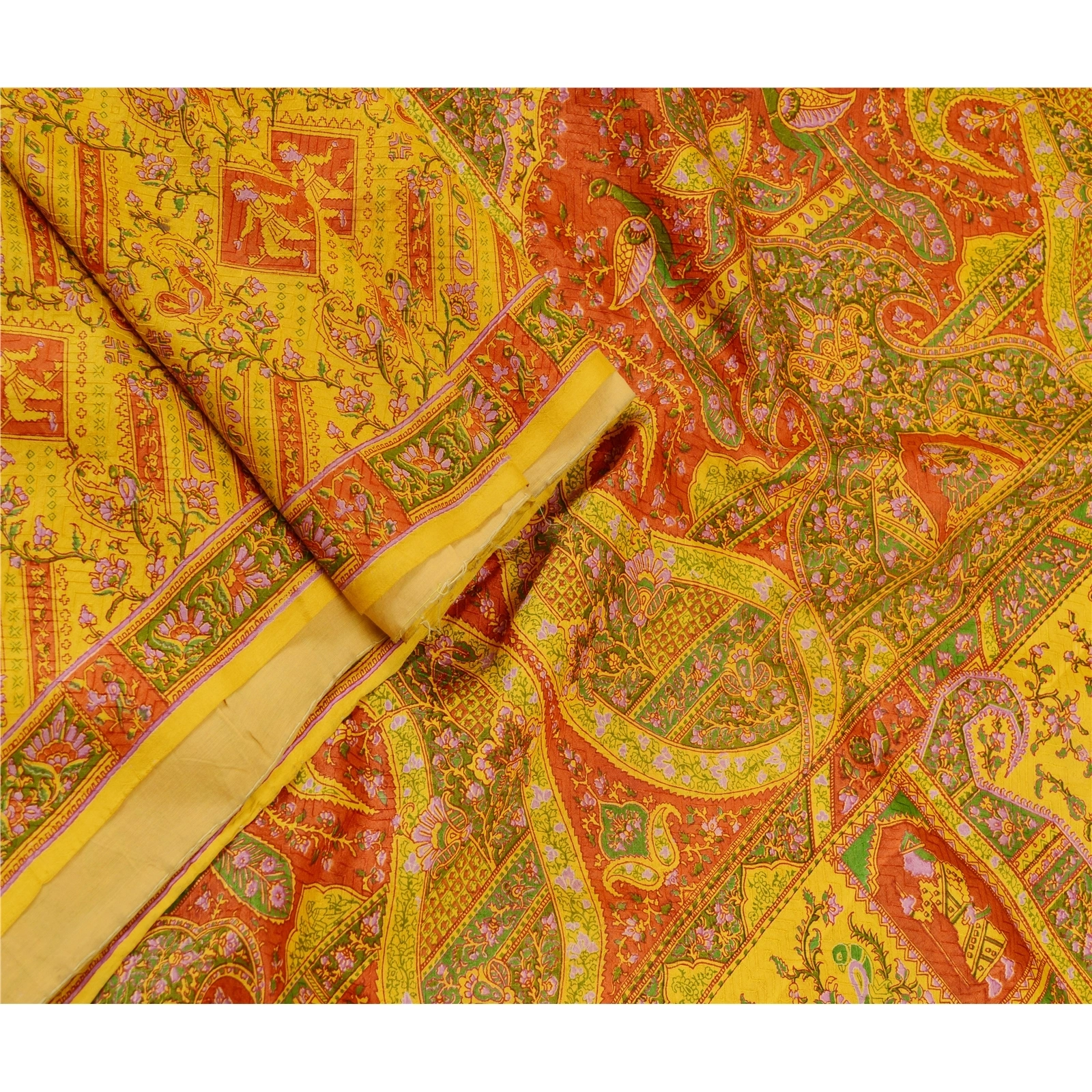 Sanskriti Vintage Yellow 100% Pure Silk Printed Sarees Sari Floral Craft Fabric, PR-59278-Yellow-Printed Floral Design-Pure Silk-1