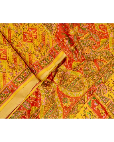 Sanskriti Vintage Yellow 100% Pure Silk Printed Sarees Sari Floral Craft Fabric, PR-59278-Yellow-Printed Floral Design-Pure Silk-1