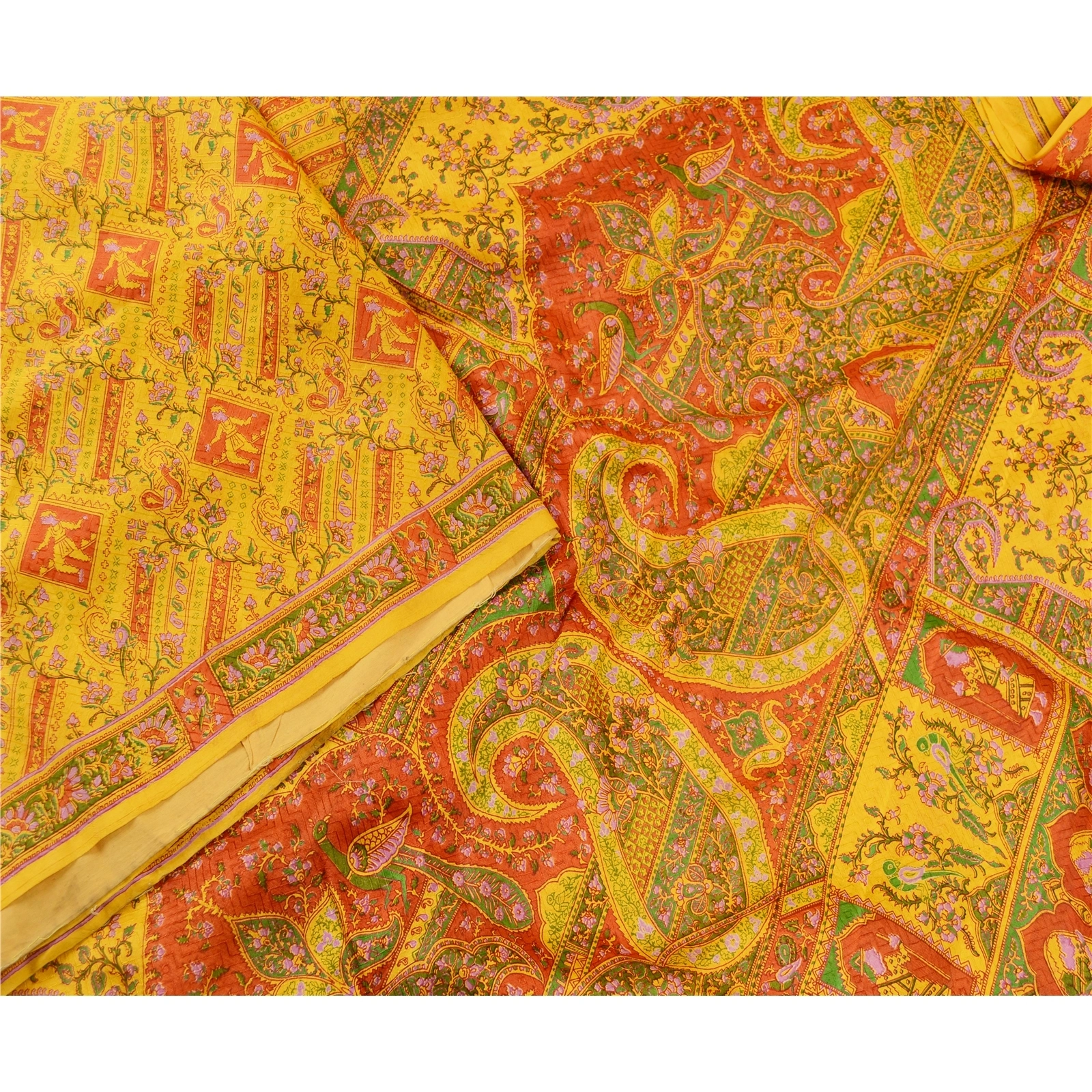 Sanskriti Vintage Yellow 100% Pure Silk Printed Sarees Sari Floral Craft Fabric, PR-59278-Yellow-Printed Floral Design-Pure Silk-2