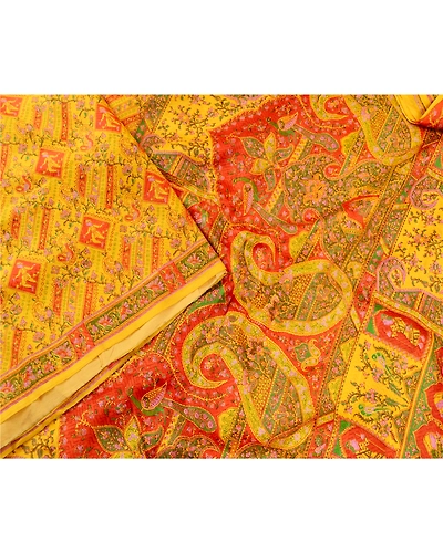 Sanskriti Vintage Yellow 100% Pure Silk Printed Sarees Sari Floral Craft Fabric, PR-59278-Yellow-Printed Floral Design-Pure Silk-2