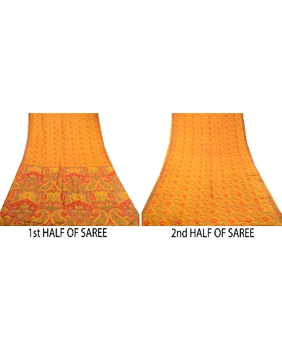 Sanskriti Vintage Yellow 100% Pure Silk Printed Sarees Sari Floral Craft Fabric, PR-59278-Yellow-Printed Floral Design-Pure Silk-4