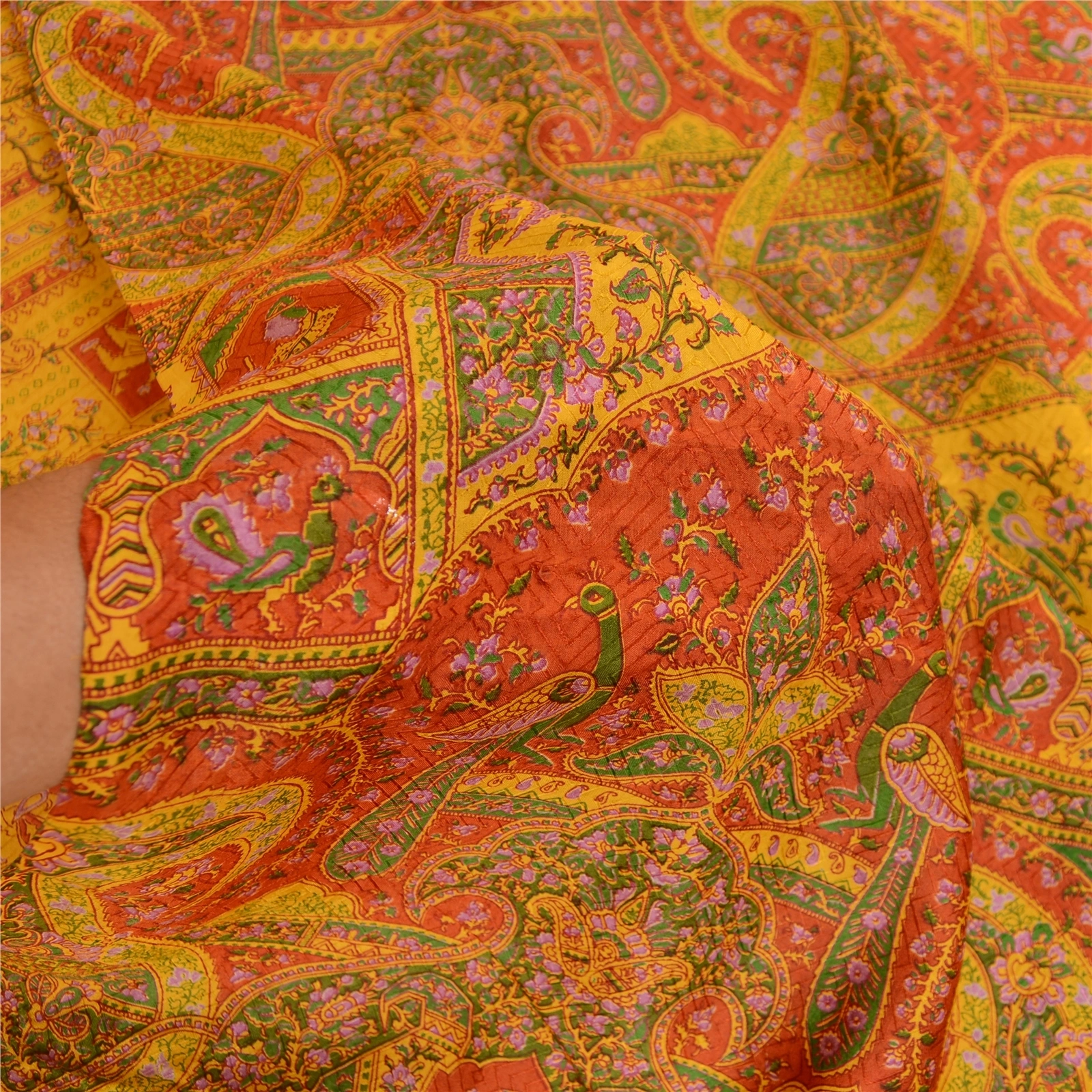 Sanskriti Vintage Yellow 100% Pure Silk Printed Sarees Sari Floral Craft Fabric, PR-59278-Yellow-Printed Floral Design-Pure Silk-5