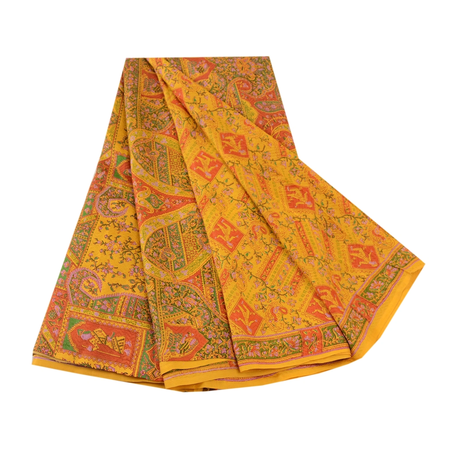 Sanskriti Vintage Yellow 100% Pure Silk Printed Sarees Sari Floral Craft Fabric, PR-59278-Yellow-Printed Floral Design-Pure Silk-6