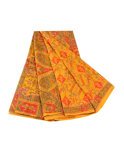Sanskriti Vintage Yellow 100% Pure Silk Printed Sarees Sari Floral Craft Fabric, PR-59278-Yellow-Printed Floral Design-Pure Silk-6