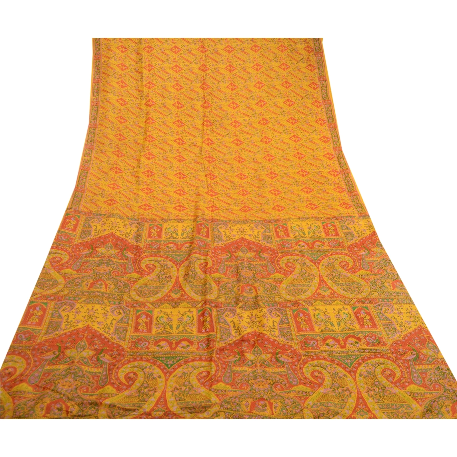 Sanskriti Vintage Yellow 100% Pure Silk Printed Sarees Sari Floral Craft Fabric, PR-59278-Yellow-Printed Floral Design-Pure Silk-7