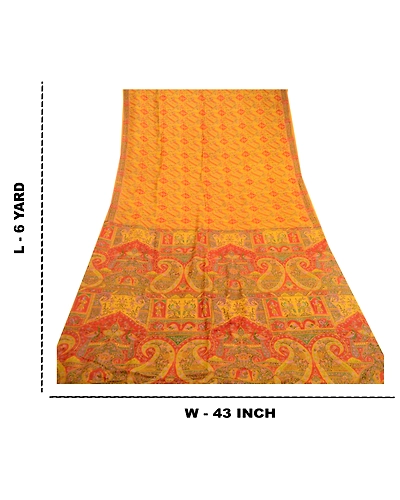 Sanskriti Vintage Yellow 100% Pure Silk Printed Sarees Sari Floral Craft Fabric, PR-59278-Yellow-Printed Floral Design-Pure Silk-8