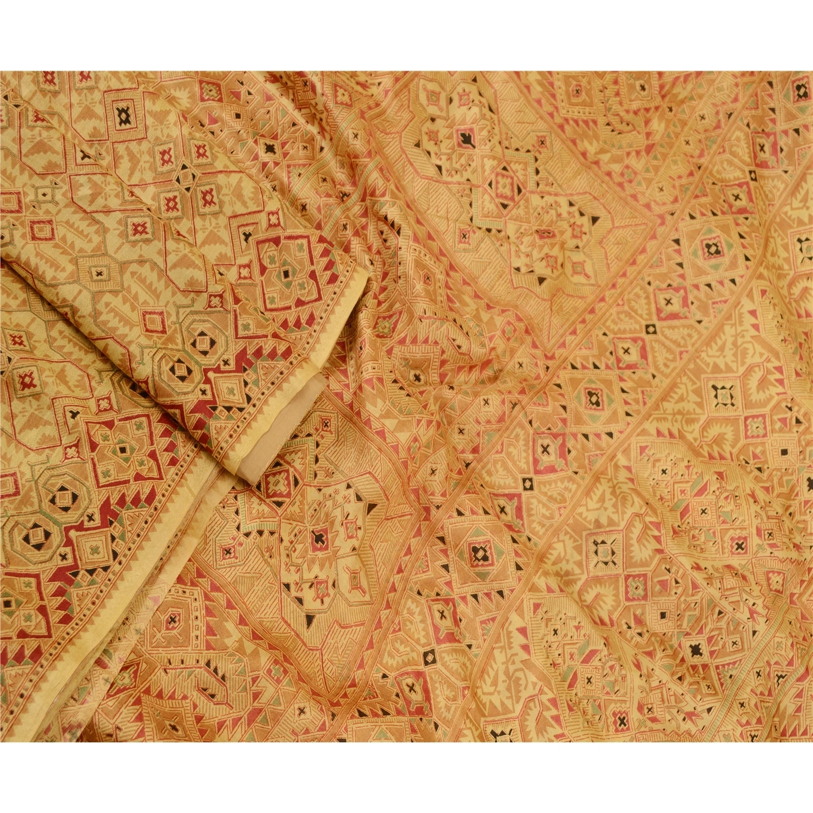 Sanskriti Vintage Beige Indian Pure Silk Printed Sarees Sari 5Yd Craft Fabric, PR-59280-Beige-Printed Floral Design-Pure Silk-1