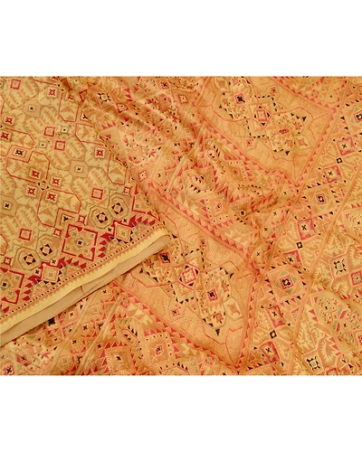 Sanskriti Vintage Beige Indian Pure Silk Printed Sarees Sari 5Yd Craft Fabric, PR-59280-Beige-Printed Floral Design-Pure Silk-2