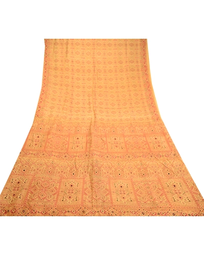Sanskriti Vintage Beige Indian Pure Silk Printed Sarees Sari 5Yd Craft Fabric, PR-59280-Beige-Printed Floral Design-Pure Silk-7