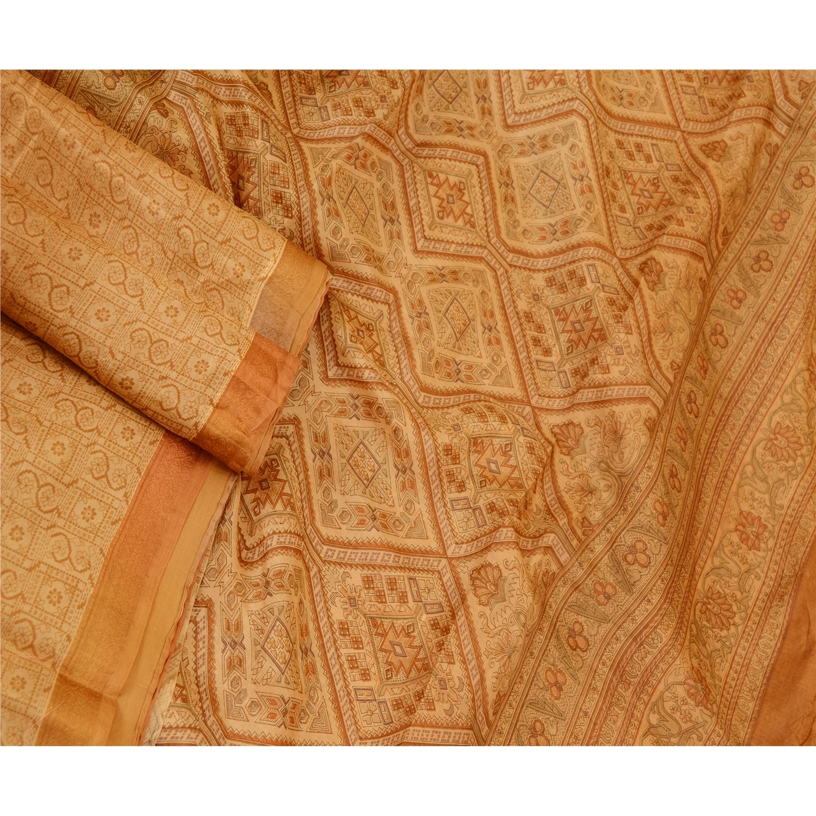 Sanskriti Vintage Saffron 100% Pure Silk Print Sarees Sari Floral Craft Fabric, PR-59283-Saffron-Printed Floral Design-Pure Silk-1