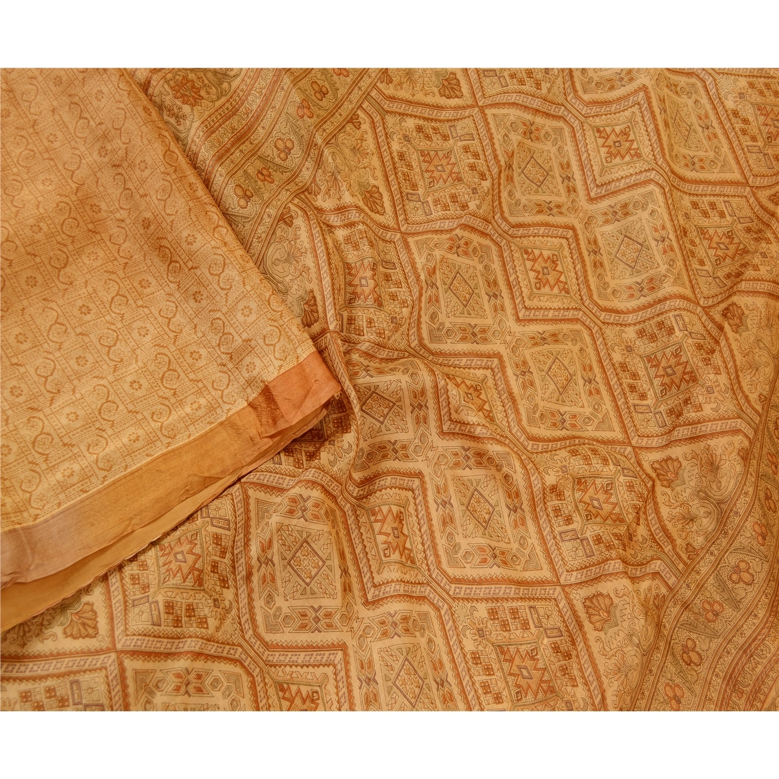 Sanskriti Vintage Saffron 100% Pure Silk Print Sarees Sari Floral Craft Fabric, PR-59283-Saffron-Printed Floral Design-Pure Silk-2