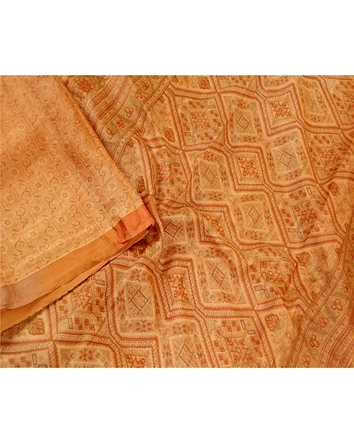 Sanskriti Vintage Saffron 100% Pure Silk Print Sarees Sari Floral Craft Fabric, PR-59283-Saffron-Printed Floral Design-Pure Silk-2