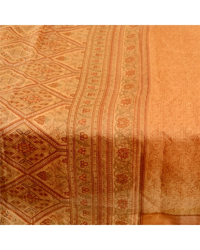 Sanskriti Vintage Saffron 100% Pure Silk Print Sarees Sari Floral Craft Fabric, PR-59283-Saffron-Printed Floral Design-Pure Silk-3
