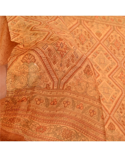 Sanskriti Vintage Saffron 100% Pure Silk Print Sarees Sari Floral Craft Fabric, PR-59283-Saffron-Printed Floral Design-Pure Silk-5