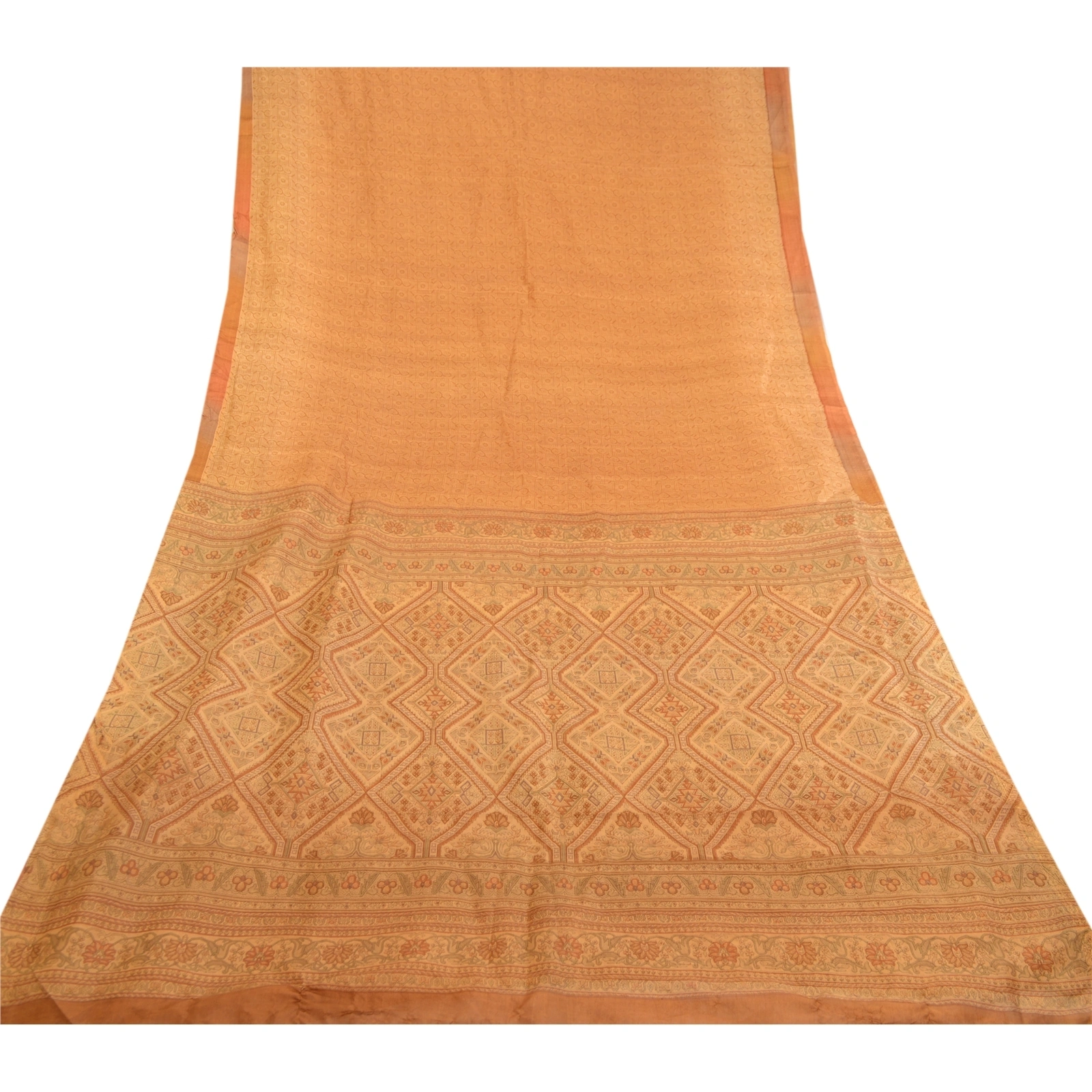 Sanskriti Vintage Saffron 100% Pure Silk Print Sarees Sari Floral Craft Fabric, PR-59283-Saffron-Printed Floral Design-Pure Silk-7