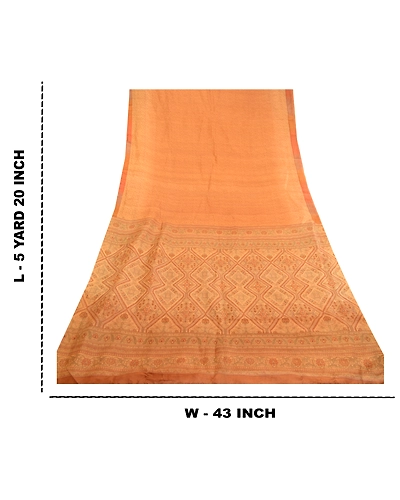 Sanskriti Vintage Saffron 100% Pure Silk Print Sarees Sari Floral Craft Fabric, PR-59283-Saffron-Printed Floral Design-Pure Silk-8