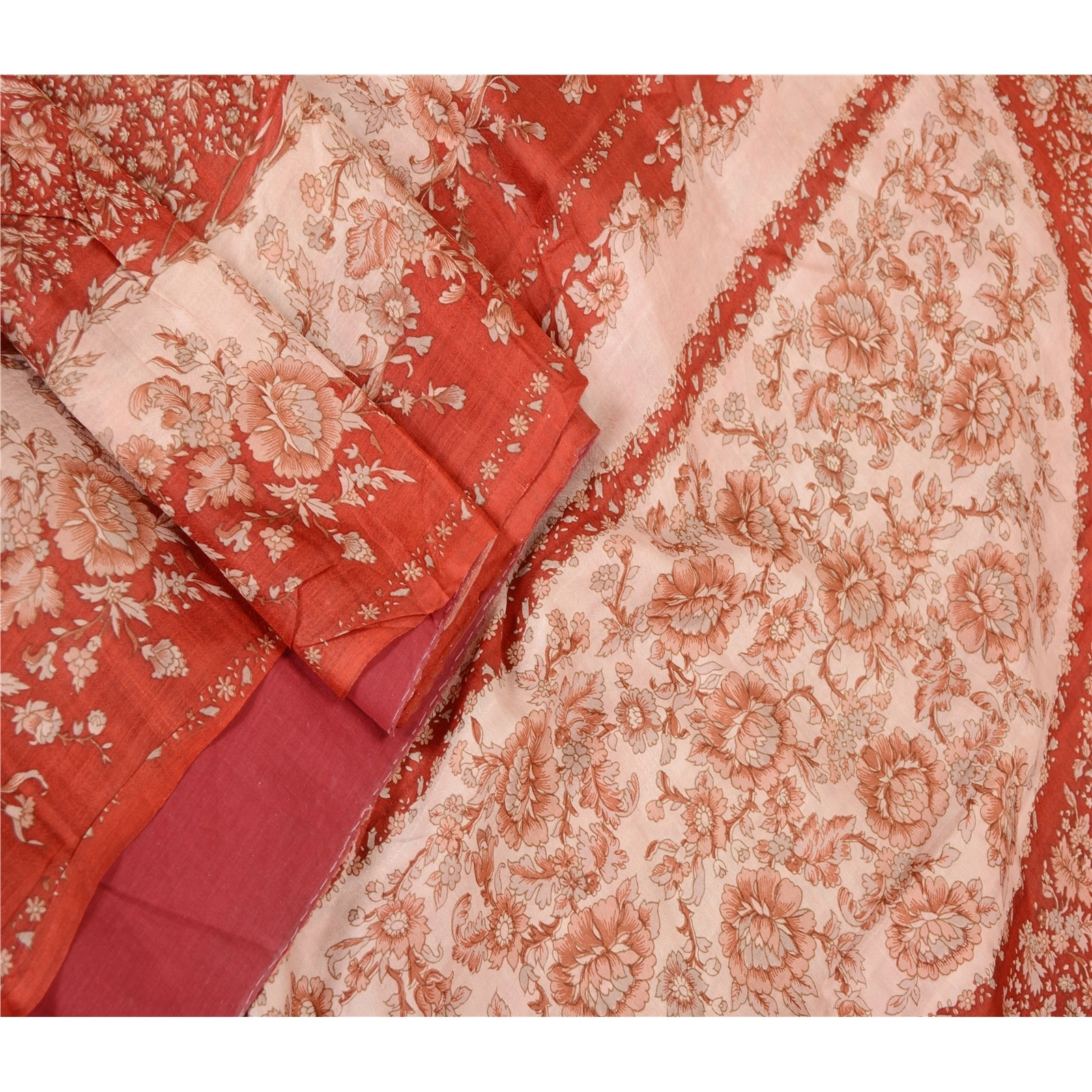 Sanskriti Vintage Red Indian Sarees Pure Silk Printed Sari Soft 5Yd Craft Fabric, PR-59309-Red-Printed Floral Design-Pure Silk-1