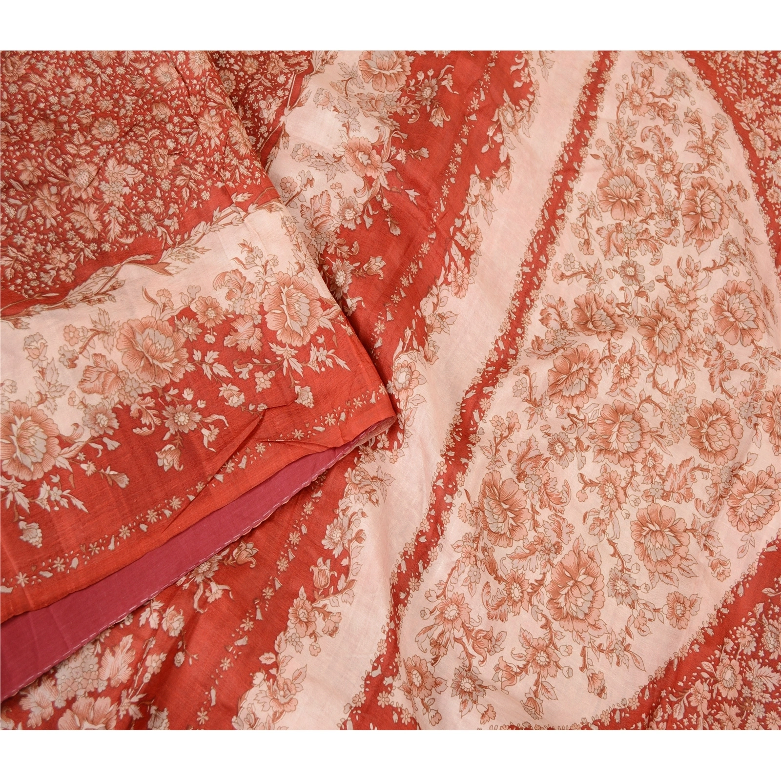 Sanskriti Vintage Red Indian Sarees Pure Silk Printed Sari Soft 5Yd Craft Fabric, PR-59309-Red-Printed Floral Design-Pure Silk-2