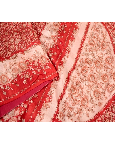 Sanskriti Vintage Red Indian Sarees Pure Silk Printed Sari Soft 5Yd Craft Fabric, PR-59309-Red-Printed Floral Design-Pure Silk-2
