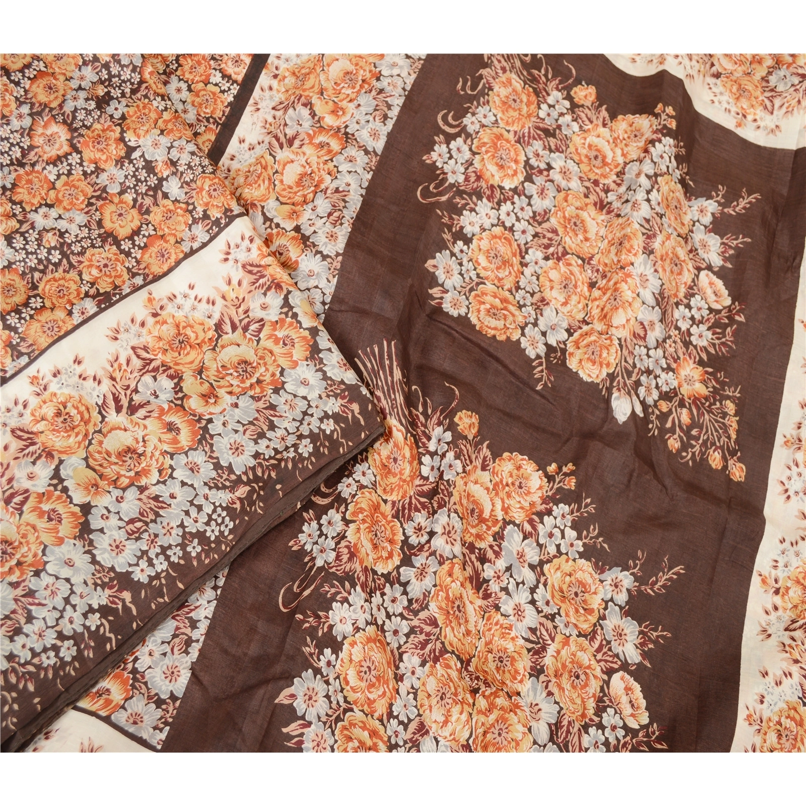 Sanskriti Vintage Brown Indian Sarees Pure Silk Printed Sari 5Yd Craft Fabric, PR-59315-Brown-Printed Floral Design-Pure Silk-2