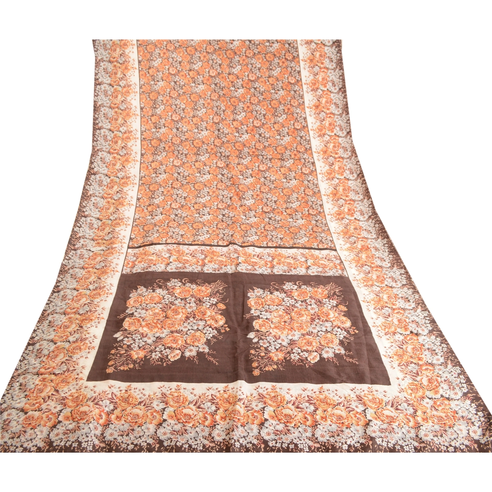 Sanskriti Vintage Brown Indian Sarees Pure Silk Printed Sari 5Yd Craft Fabric, PR-59315-Brown-Printed Floral Design-Pure Silk-7